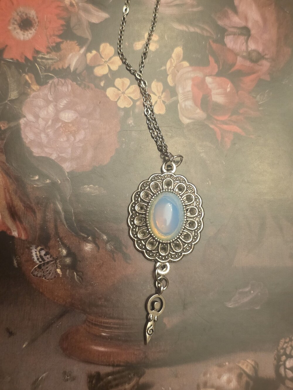 Moonstone Cabochon Inside A Filigree Victorian Charm W A Spiral Goddess Dangling